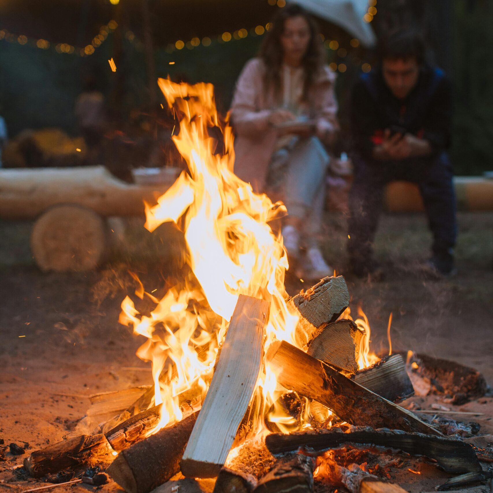 Two people enjoy a warm campfire surrounded by nature in a forest setting.